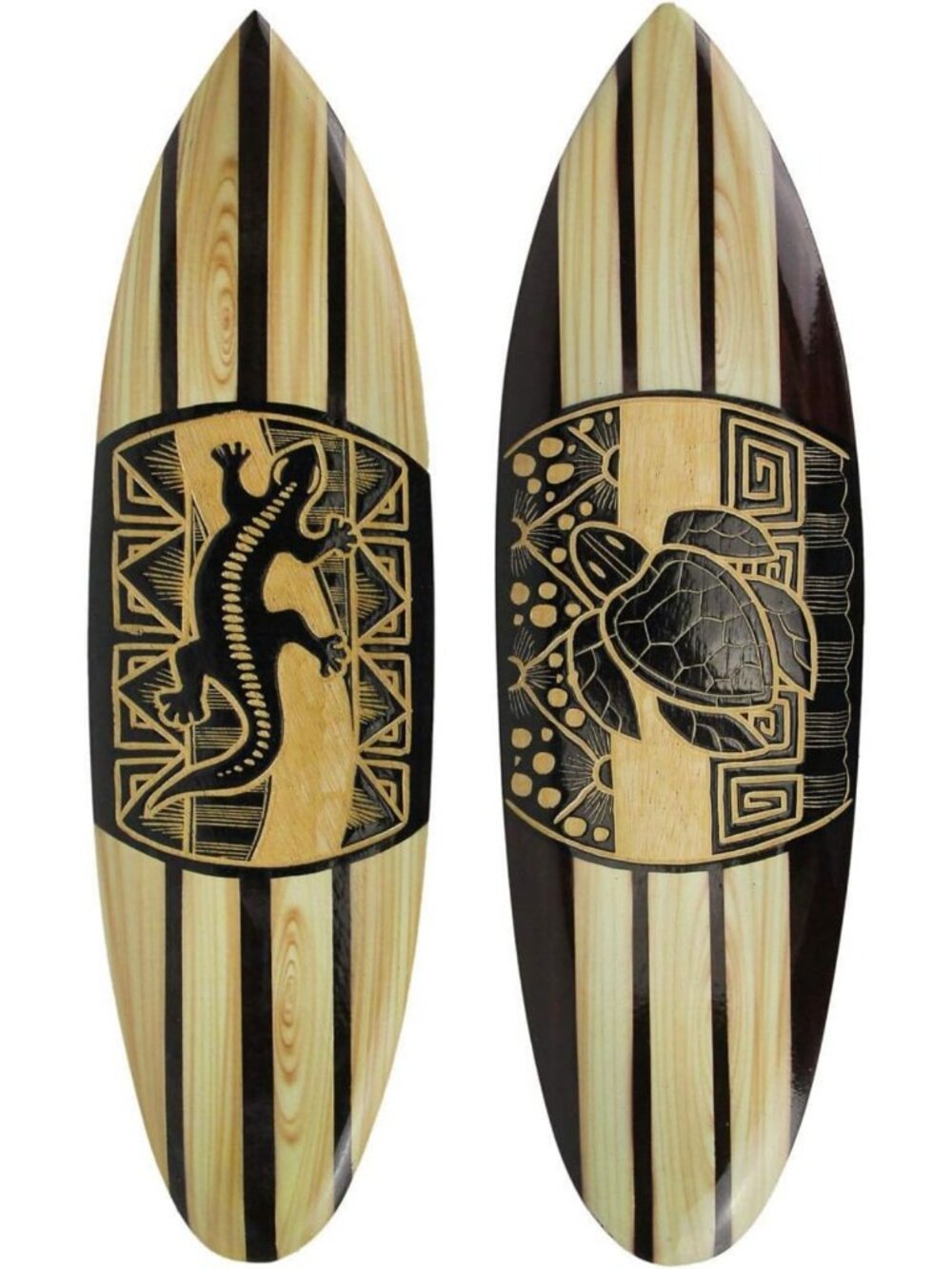 Hand-Carved Wood Surfboard Wall Art Set of 2 - Tiki Decor with Dolphin & Turtle